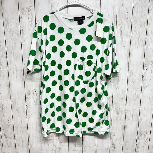 One Step Up Top Women Size Large White Green Polka Dot Crewneck Short Sleeve Tee - Picture 6 of 6